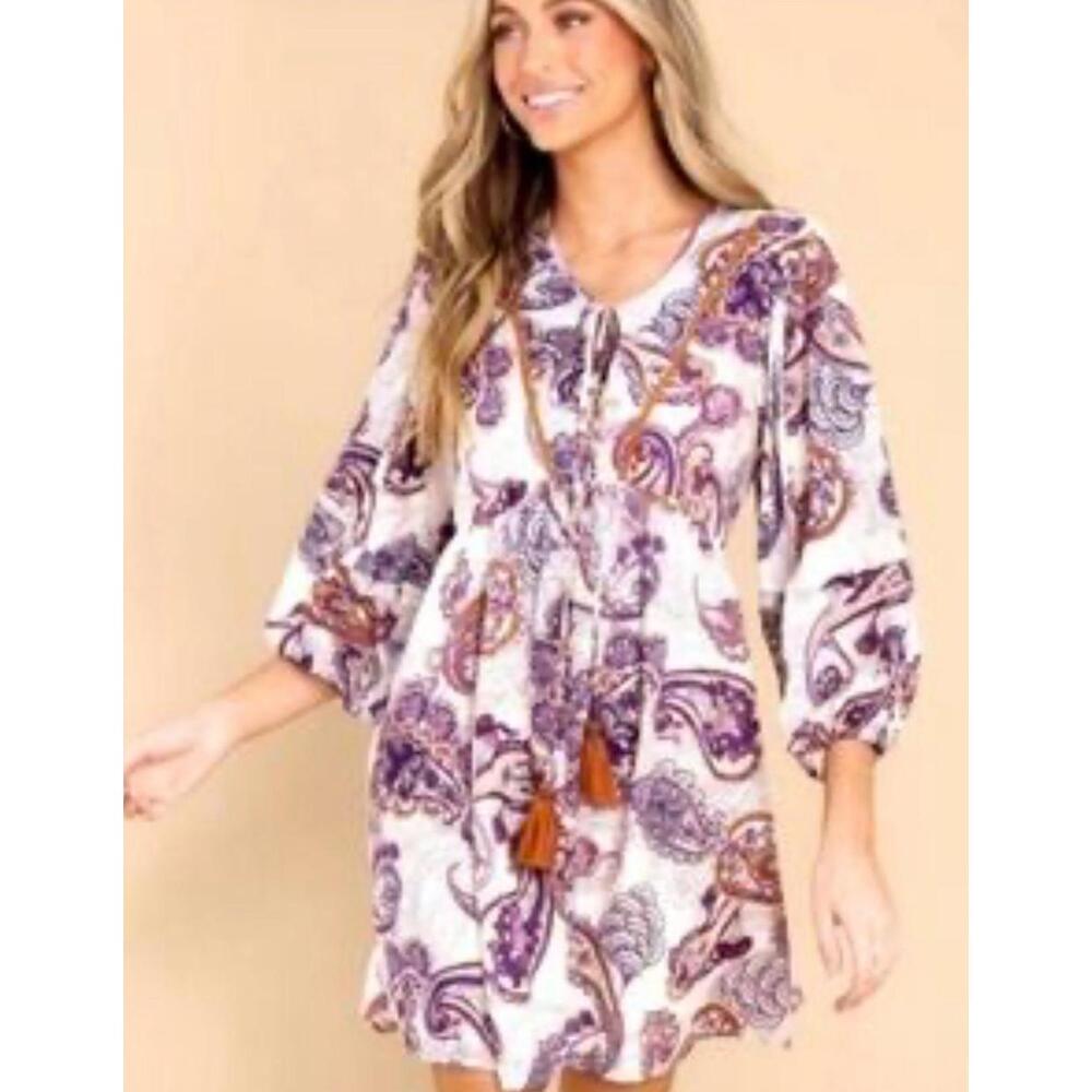 Band Of The Free Lyonnette Paisley Boho‎ Long Sleeve Mini Dress Size XS Peasant